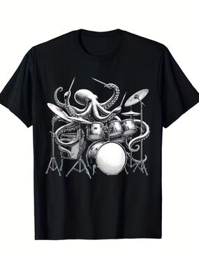 Octopus Drummer Black Graphic Tee